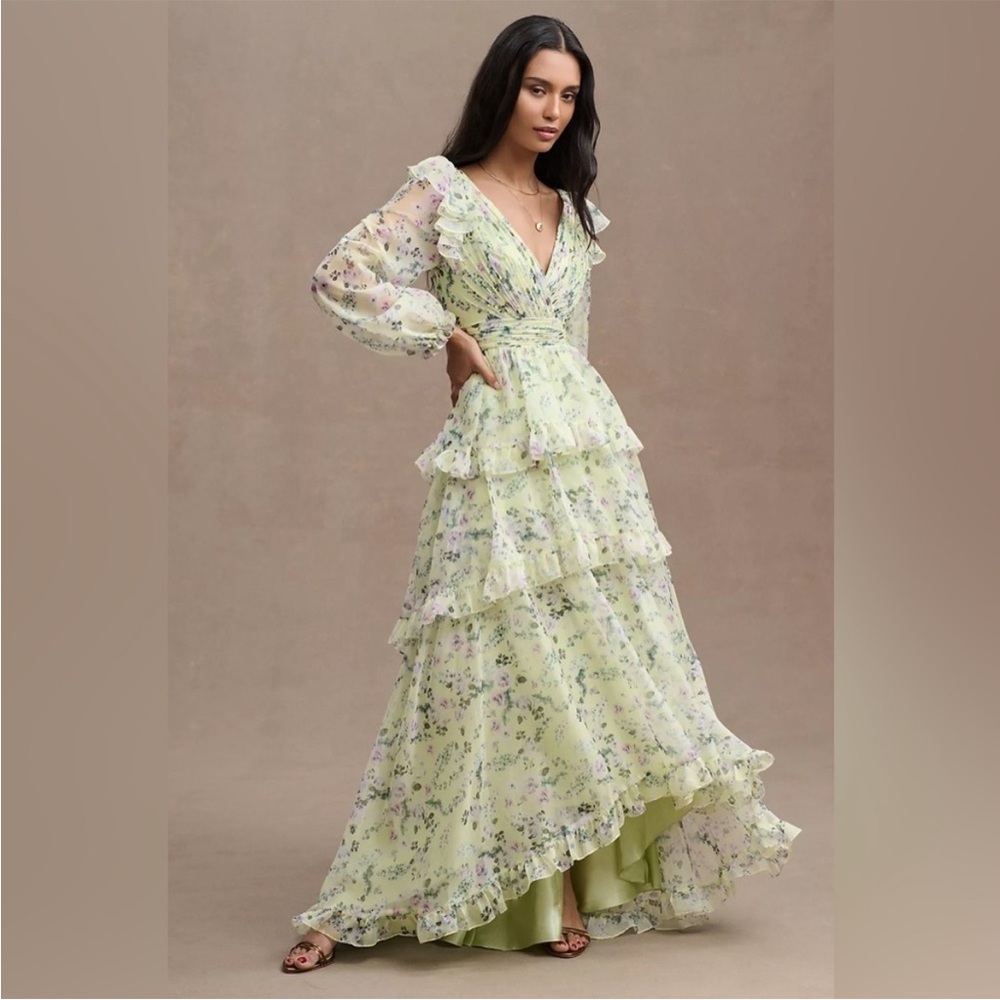 $598 Mac Duggal Anthropologie Tiered Chiffon A-Line Maxi Gown sz 8